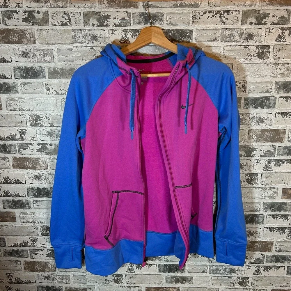Nike Therma-FIT Womens Full Zip Hoodie Pink Blue Just Do It Graphic Medium